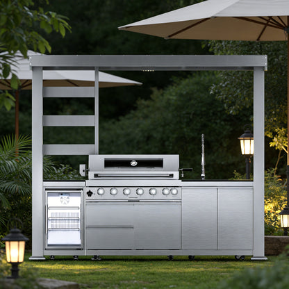 Stainless Steel Outdoor Kitchen Grill with Granite Top & Refrigerator - Silver