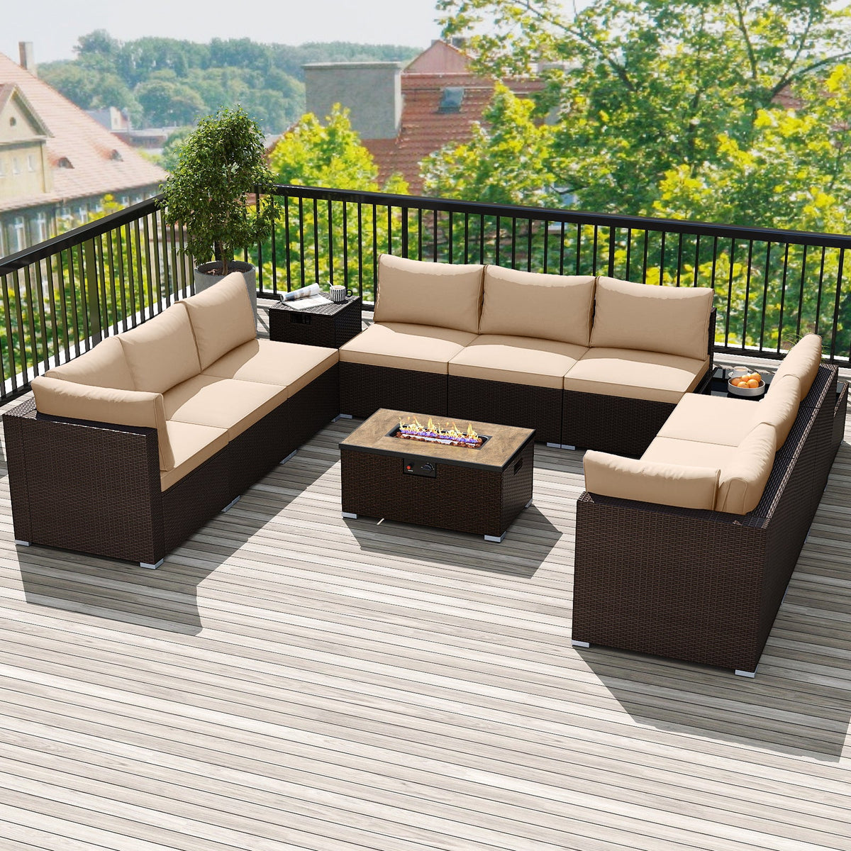 Outdoor PE Rattan Conversation Set with 32‚Äù Propane Fire Pit Table and Tank Holder